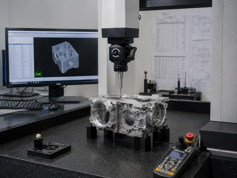 CMM probe measuring a machined aluminum housing