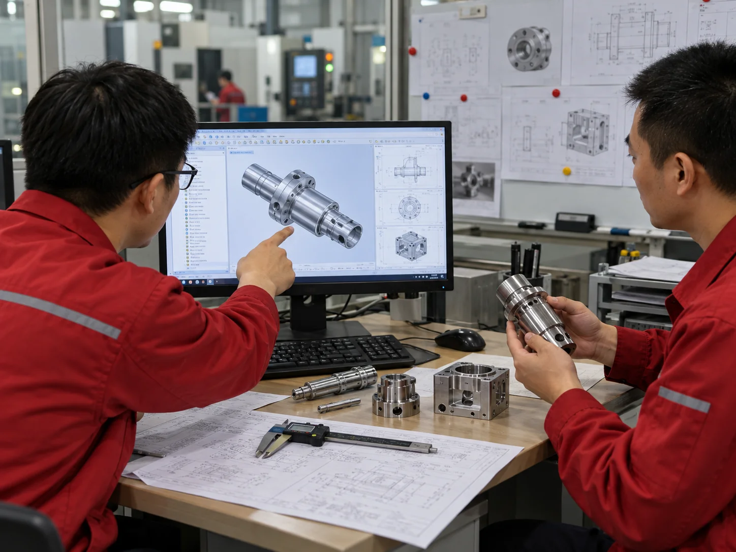 Engineers reviewing part geometry for CNC process selection