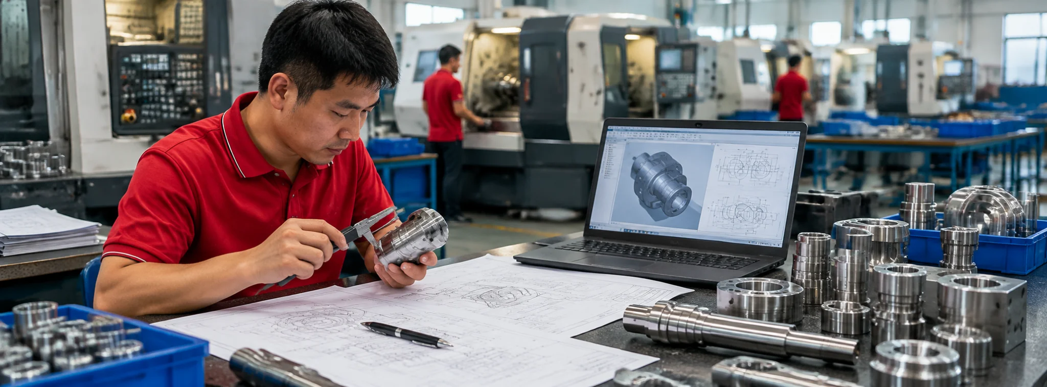 Engineer reviewing CNC turning part drawings