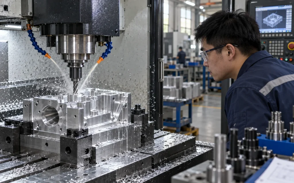cnc-milling-aluminum-part-closeup-production