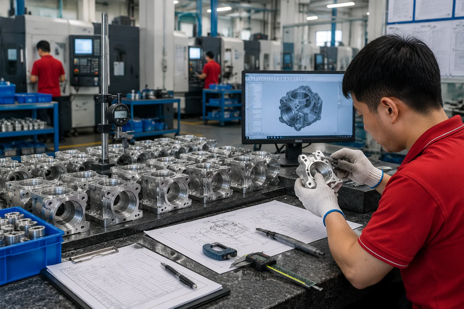 In-process inspector checking a tray of repeat production CNC parts