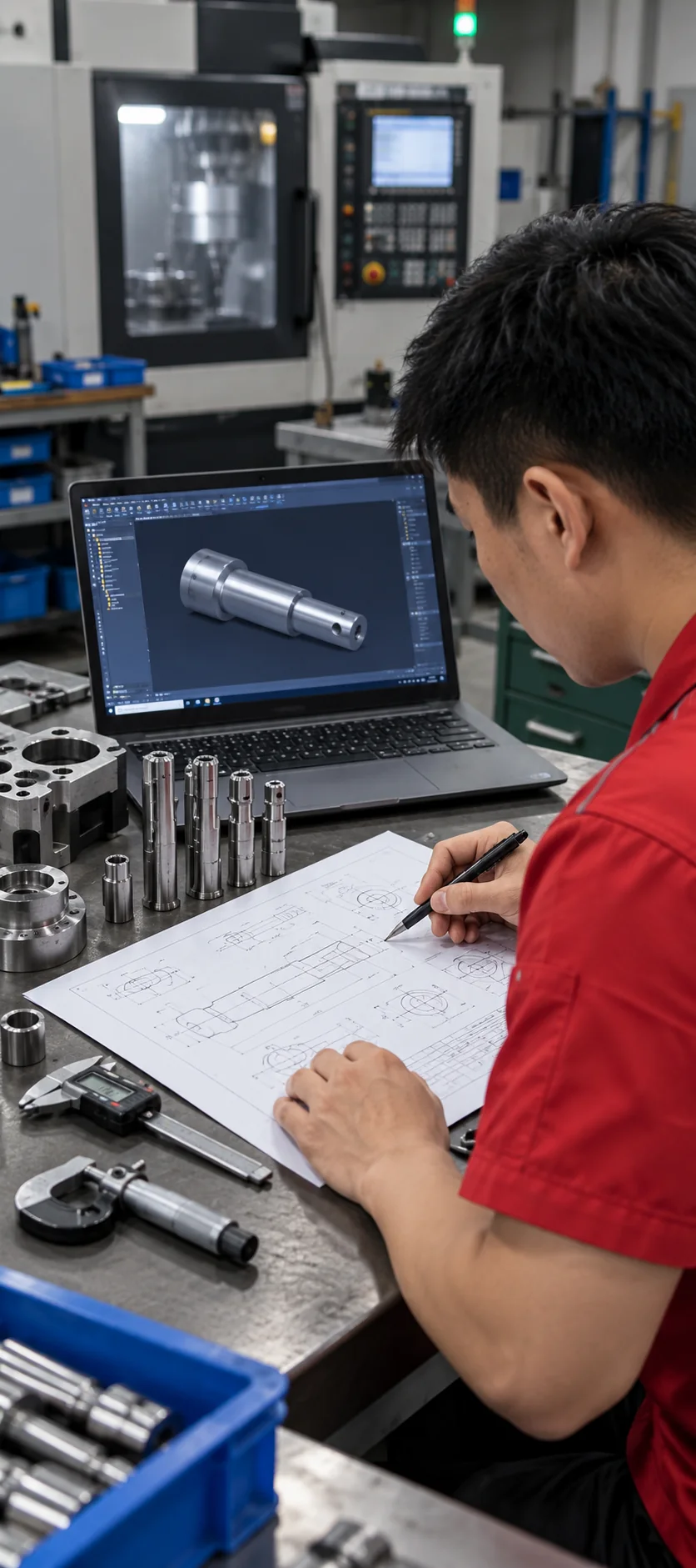 Engineer reviewing 2D drawing and measuring CNC machined pins with caliper