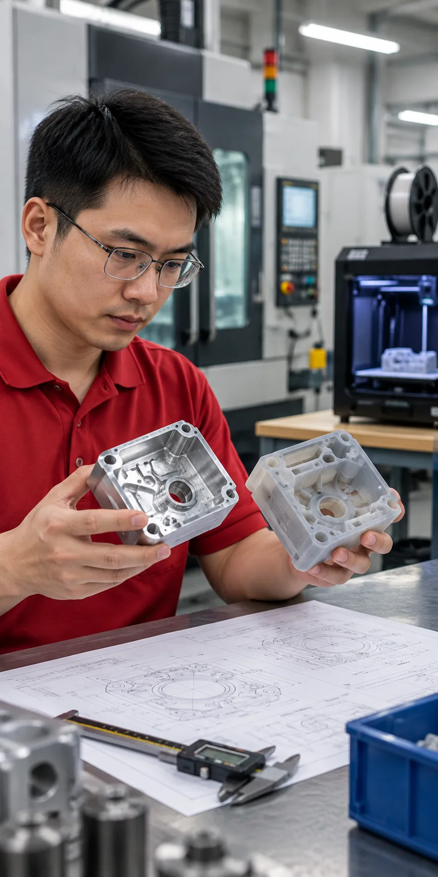 Ingeniero comparando un prototipo mecanizado por CNC con un prototipo impreso en 3D