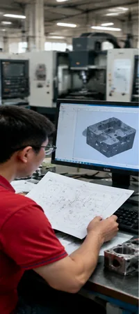 Ingeniero revisando el plano de un cliente para un RFQ de mecanizado CNC personalizado