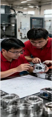 Ingenieros revisando la viabilidad de fabricación de una pieza mecanizada por CNC personalizada