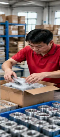 Piezas CNC de producción repetitiva organizadas para inspección y embalaje