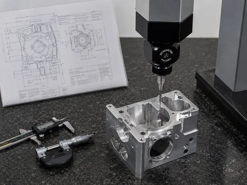 Micrometer measuring a machined shaft next to an engineering drawing