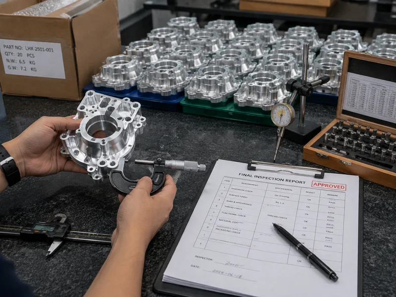 QC workstation with finished parts, inspection sheet, and protected packing