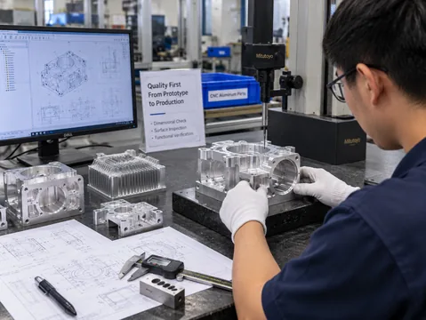Chinese quality inspector using real CMM on granite table to measure aluminum housing