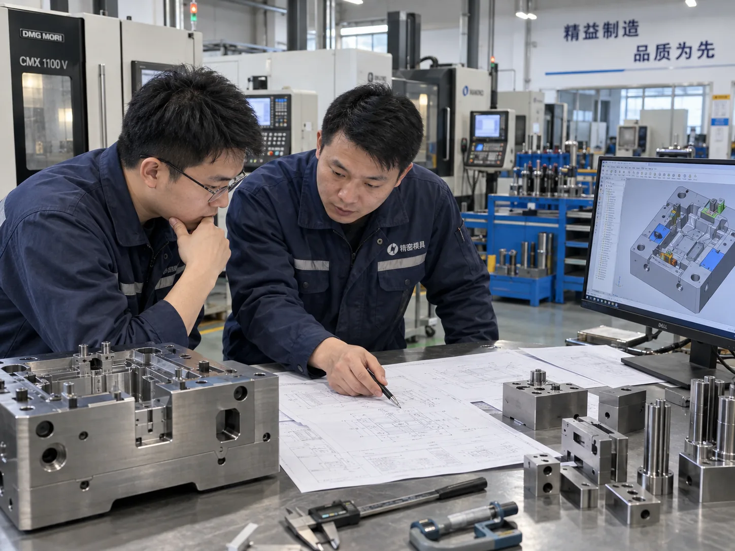 Engineers reviewing CAD drawing for mold component