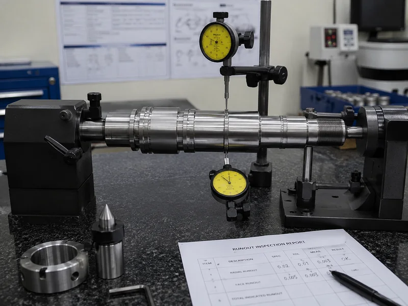 Dial indicator measuring runout on a stepped shaft in a V-block