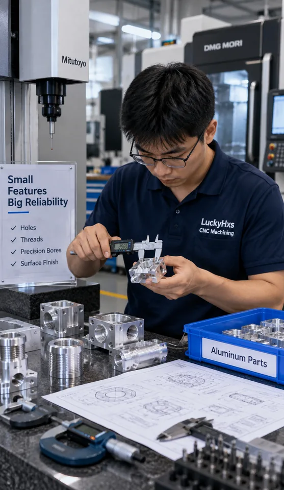 Engineer inspecting small holes and threads on a CNC machined aluminum part