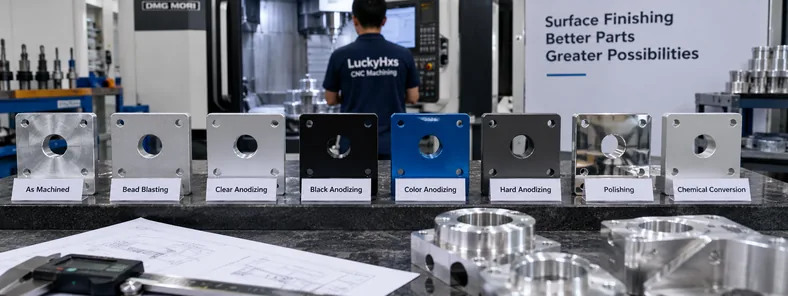 4 identical aluminum parts showing as-machined, bead blasted, clear anodized, and black anodized finishes