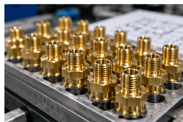 LuckyHXS technician inspecting a brass CNC turned component with a micrometer