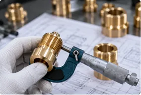 LuckyHXS technician inspecting a brass CNC turned component with a micrometer