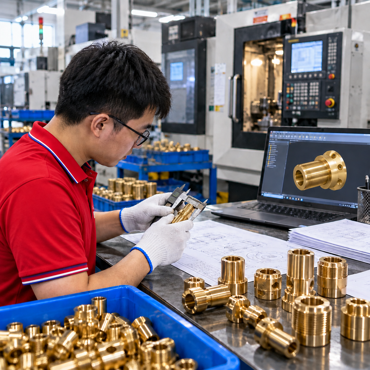 LuckyHXS technician inspecting a brass CNC turned component with a micrometer