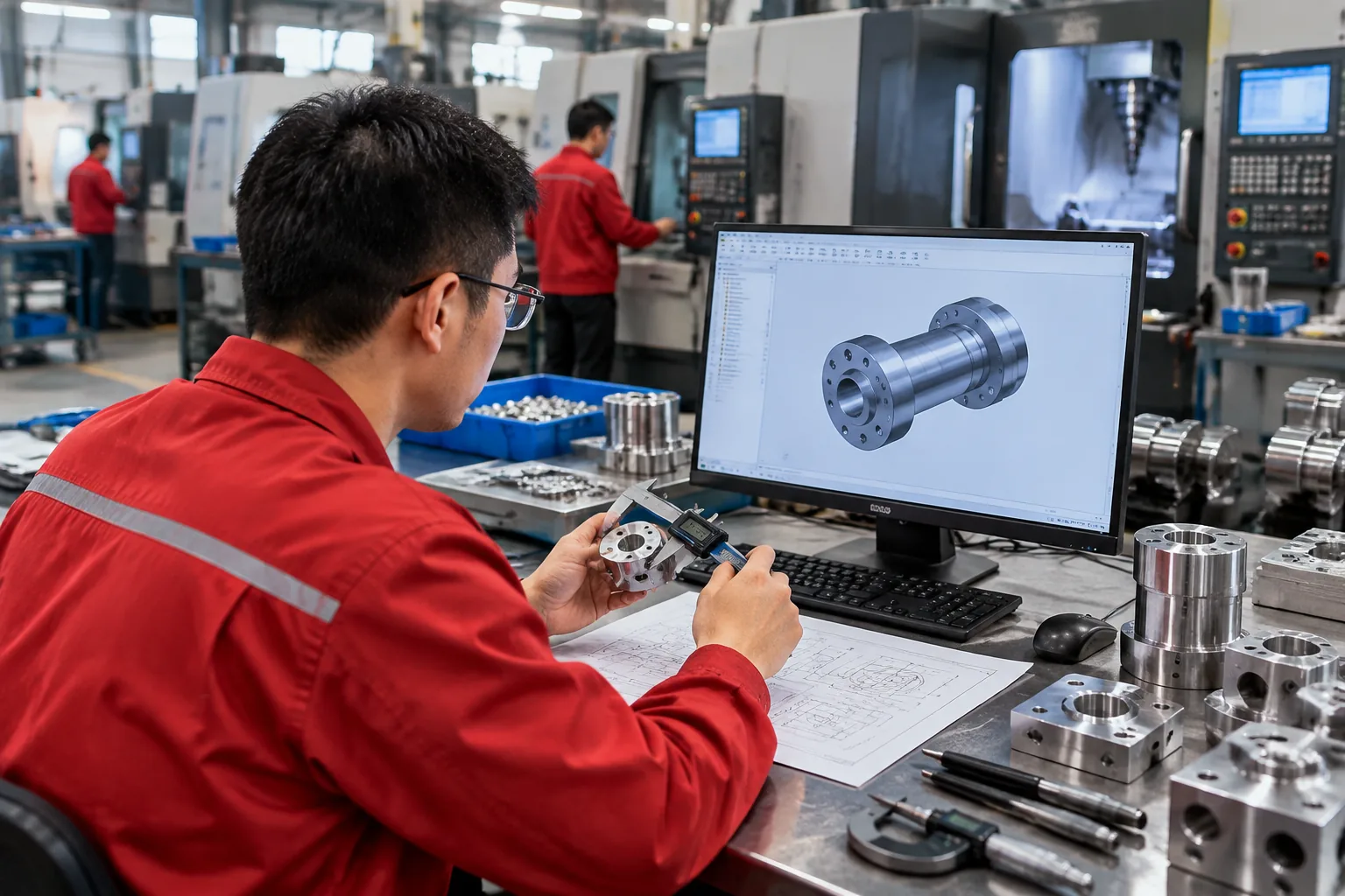 Engineer reviewing 2D drawings and 3D models