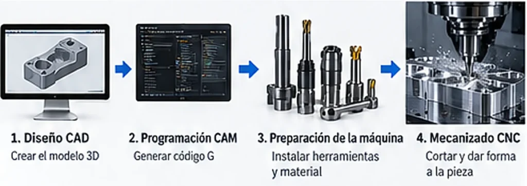 Proceso de mecanizado CNC desde el diseño CAD y la programación CAM hasta el mecanizado de la pieza