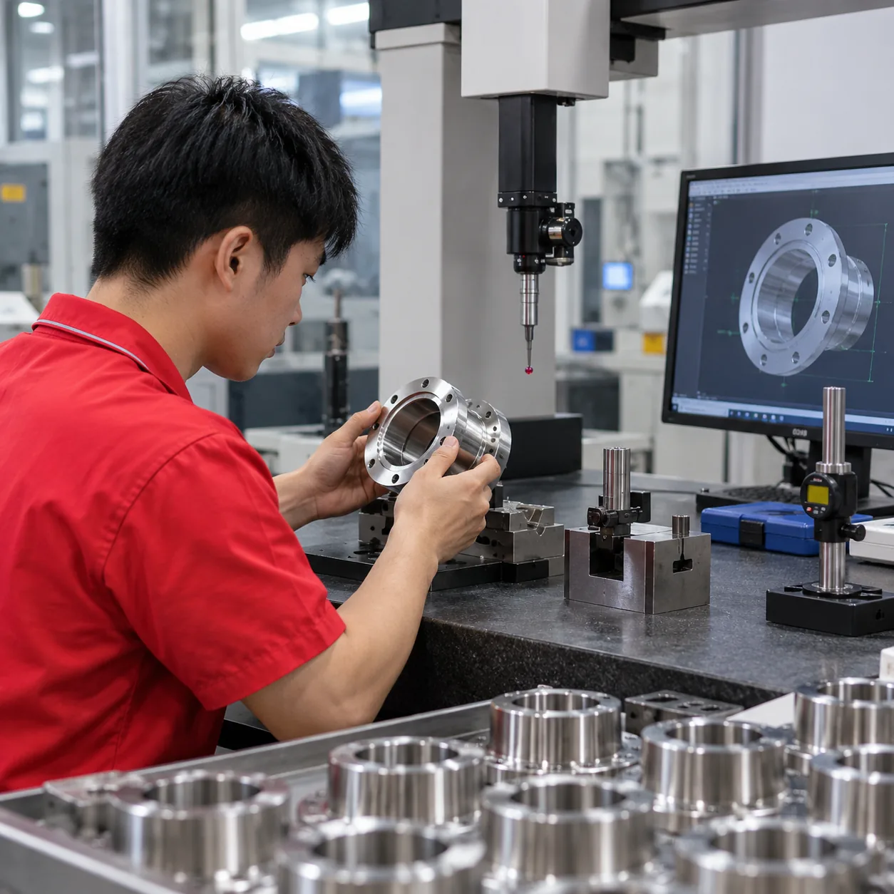 Functional features of a CNC turned shaft including journals shoulders threads and grooves