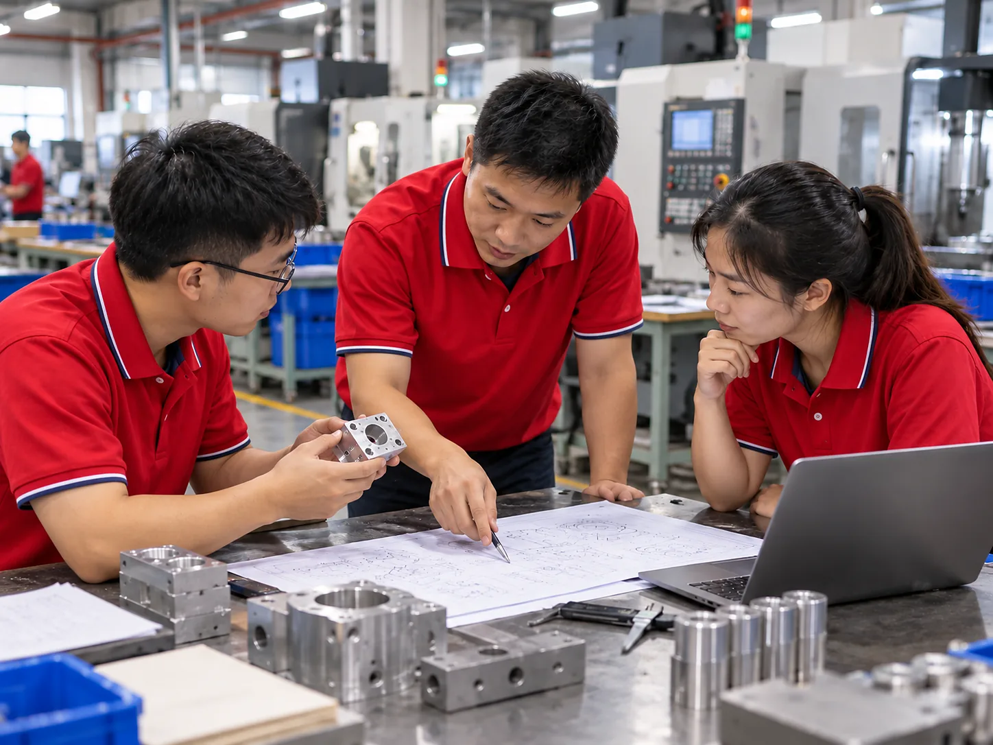 LuckyHXS engineer inspecting a custom precision CNC turned component