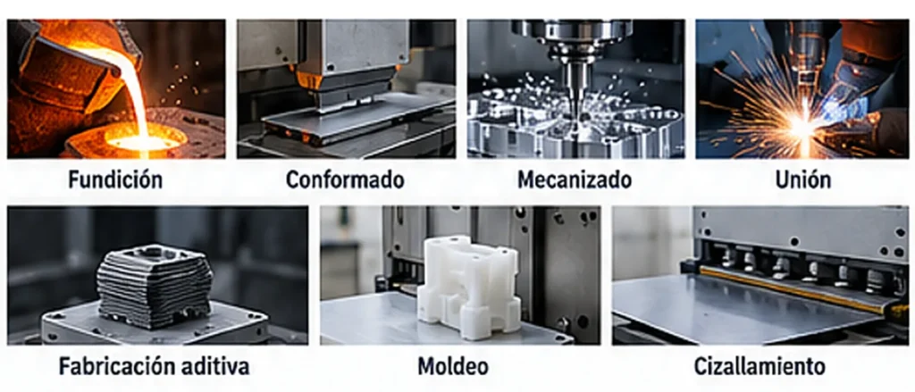 Comparación de procesos de fabricación: fundición, conformado, mecanizado, unión, fabricación aditiva, moldeo y cizallamiento