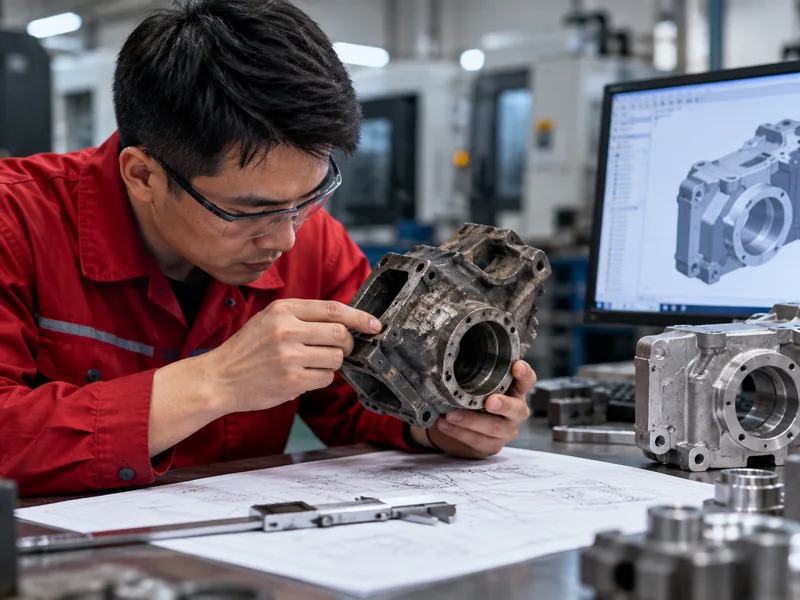 Comparison between a worn machine part and a clean technical drawing
