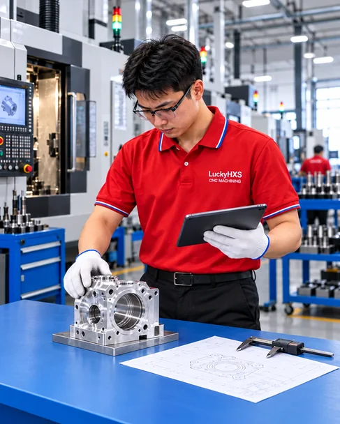 LuckyHXS factory showing CNC machines and aluminum parts