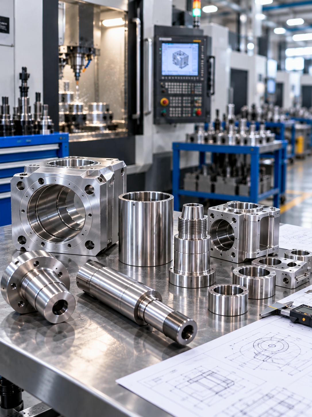 Engineer reviewing a precision turned part with its technical drawing